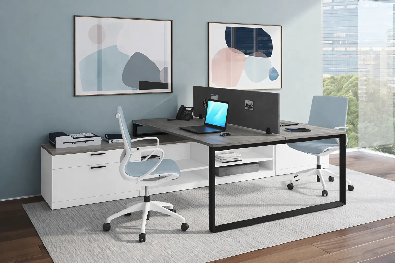 A grey t-shaped desk in an office.
